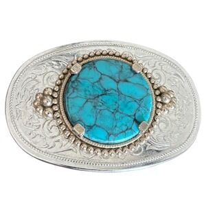 Oval Western Belt Buckle | Turquoise Stone Silver Tone | Engraved Floral Design